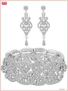 Rhinestone Crystal Wedding Bracelet & Earrings Set Elastic Stretch Silver Plated